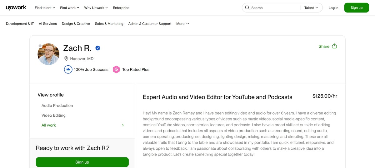 zach ramey's freelance video editor upwork profile