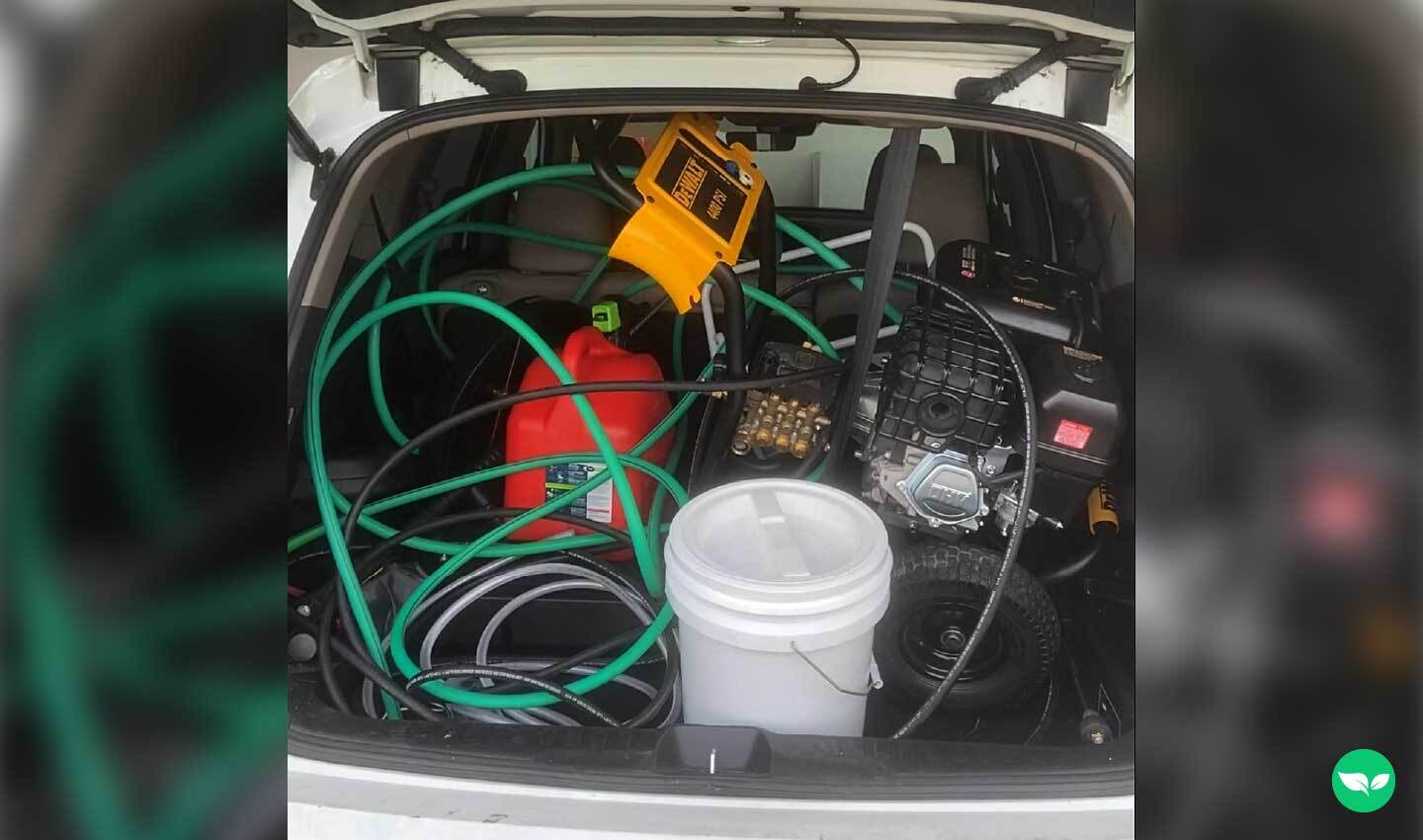 power washing equipment thrown in the back of zach's car from his early business ventures