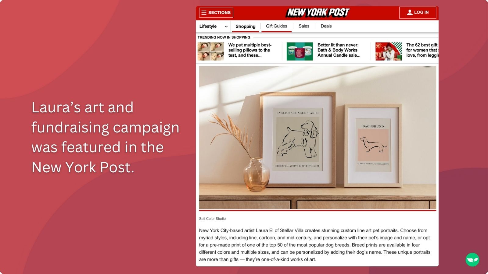 A screenshot of a New York Post article highlighting Laura's art and a fundraising campaign she did.