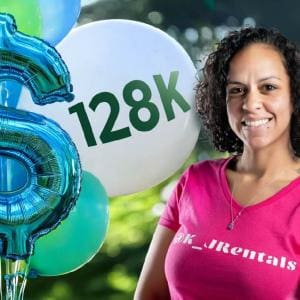 Karin Capellan, founder of K and J Party Rentals, smiling in a pink branded shirt with green and blue balloons in the background, highlighting her $128K business success.