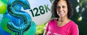 Karin Capellan, founder of K and J Party Rentals, smiling in a pink branded shirt with green and blue balloons in the background, highlighting her $128K business success.