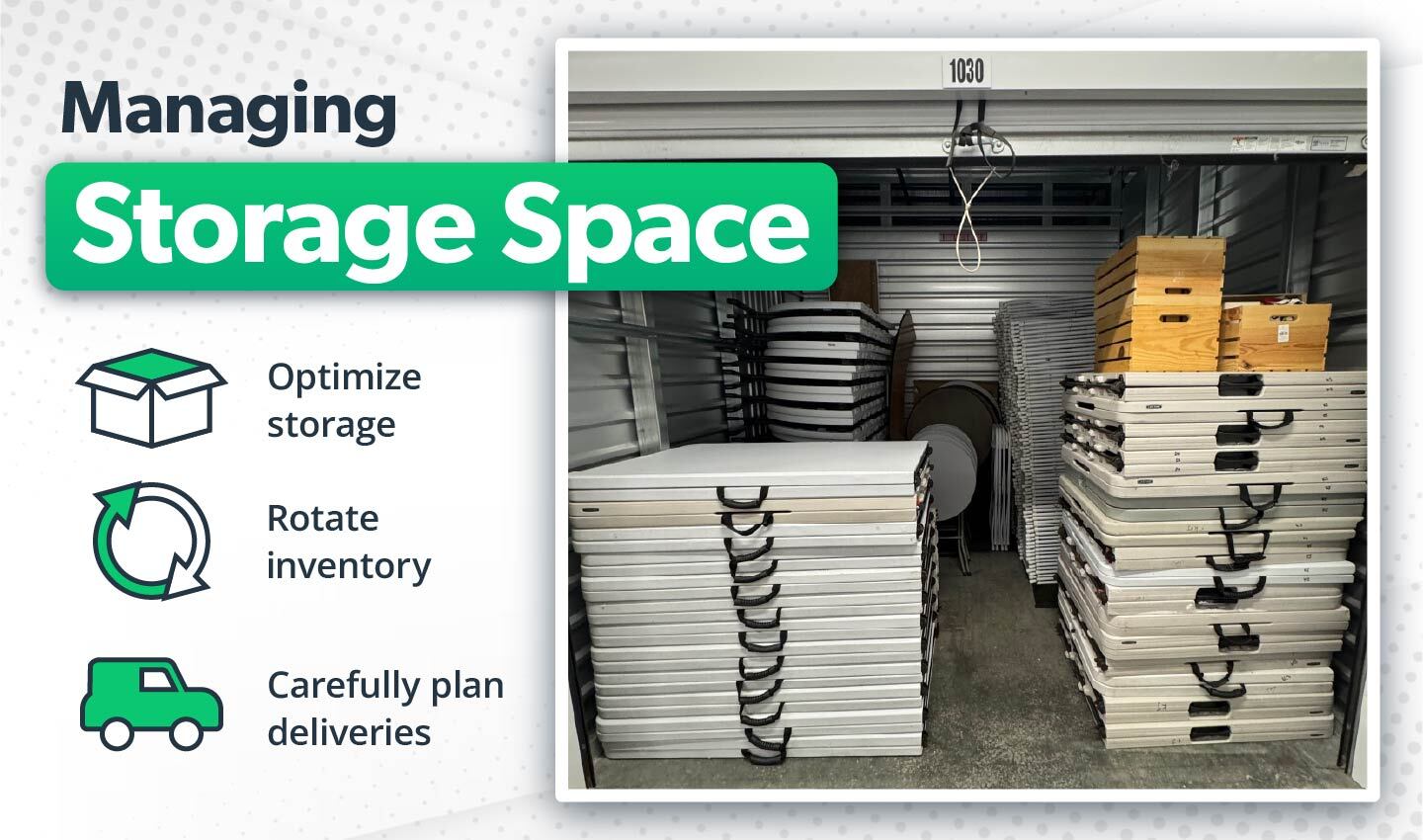  A neatly organized storage unit filled with stacked chairs, tables, and wooden crates, showcasing the inventory required for event rentals.