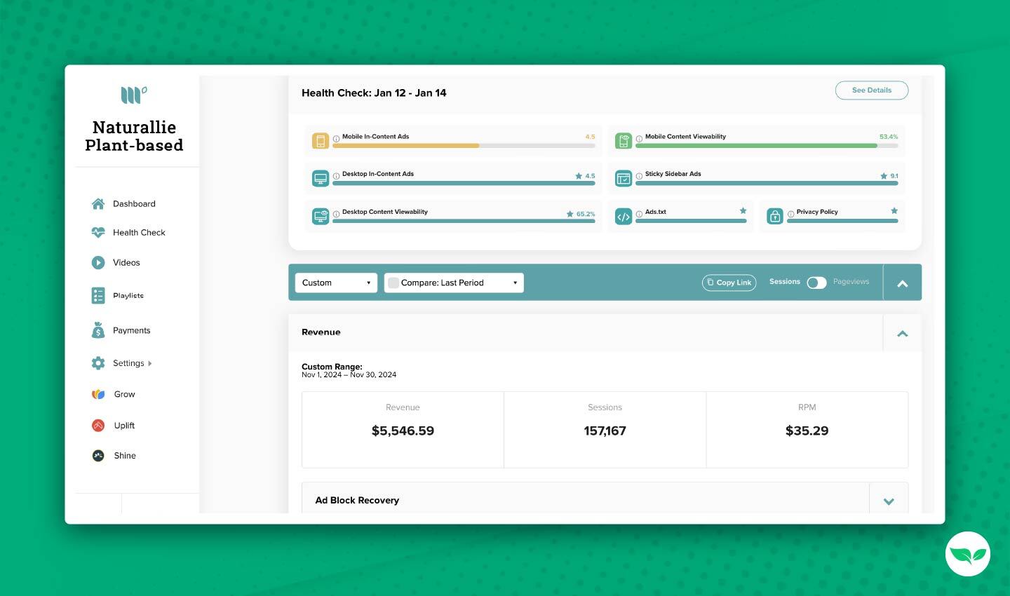 Mediavine earnings dashboard screenshot