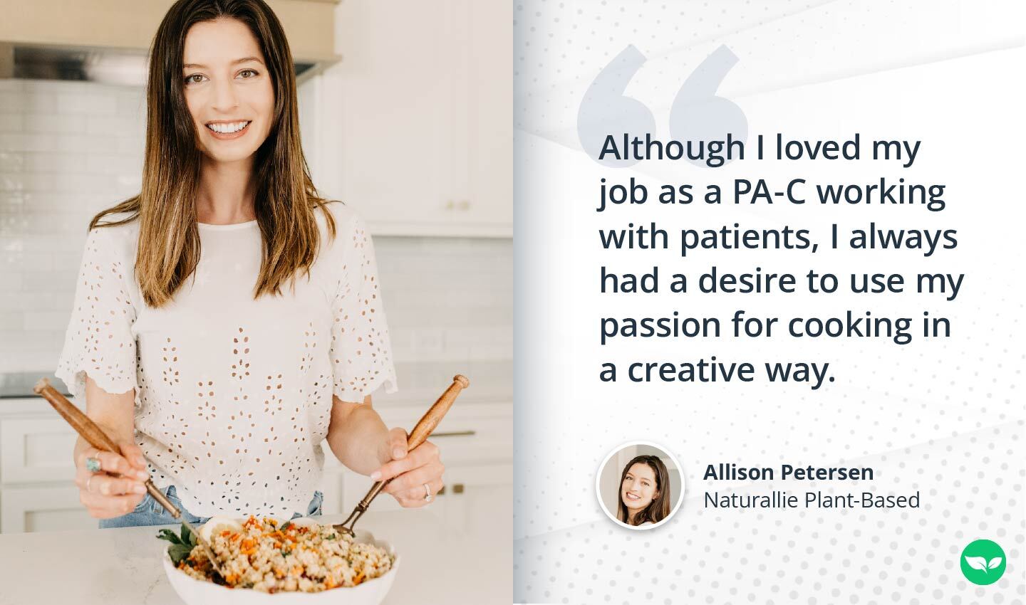 Allison smiling in her kitchen while preparing a quinoa-based dish