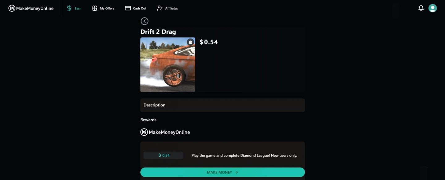 Drift 2 Drag game offer in MakeMoneyOnline showing payout for reaching Diamond League.