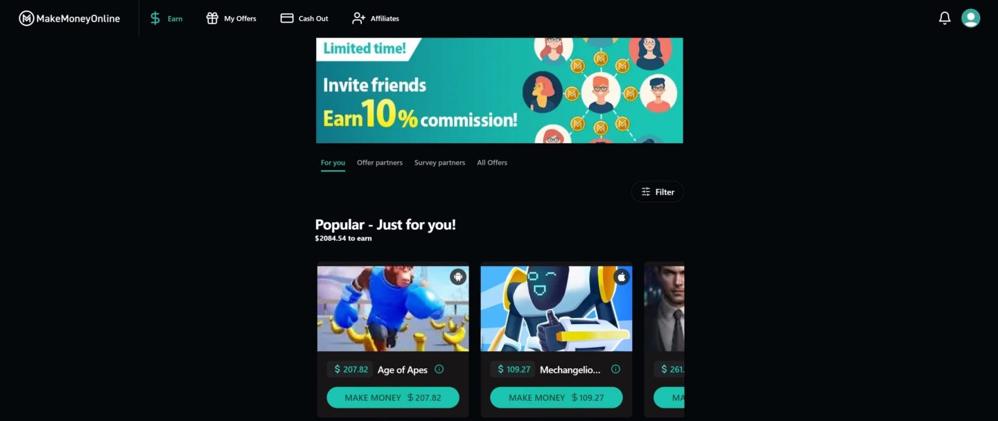 Screenshot of MakeMoneyOnline’s main offerwall displaying various earning opportunities.