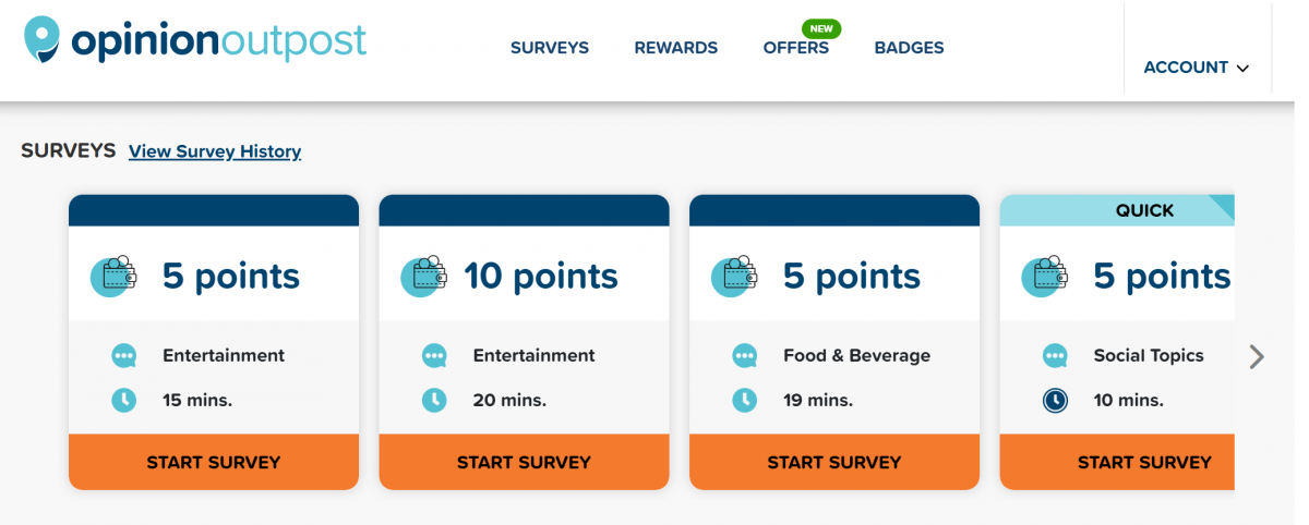 Opinion Outpost survey dashboard showing available surveys with point values and durations, including a 50-point bonus offer in progress.