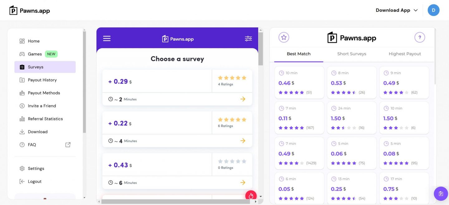 Pawns.app survey dashboard displaying available surveys with payout amounts, estimated completion times, and user ratings.