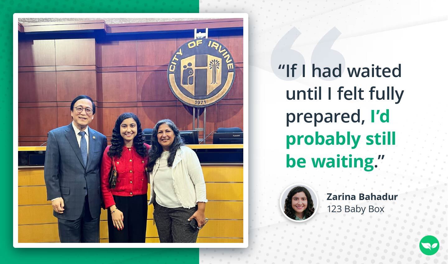 Zarina Bahadur standing at Irvine City Hall with city officials, smiling in recognition of her entrepreneurial achievements.