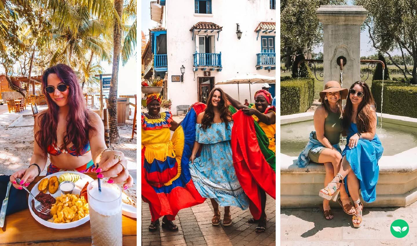 Collage of travel photos showing Madison Krigbaum dining on a beach in Roatan, dancing in Cartagena, and smiling with a friend by a fountain — all captured from her real experiences.
