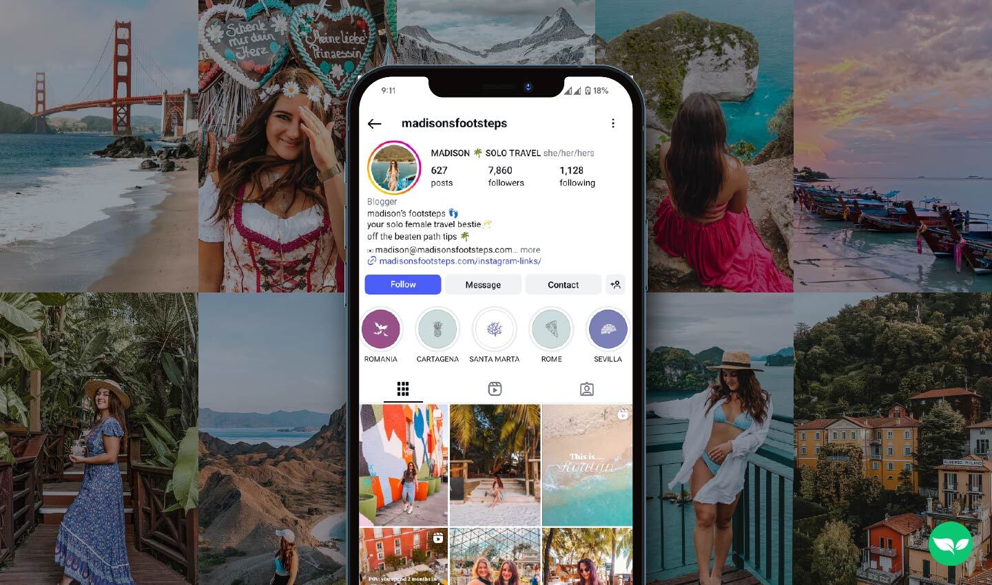 A collage featuring Madison’s Instagram profile and travel photos from places like Italy and Southeast Asia — a visual snapshot of her more relaxed, personal approach to content.