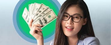 Woman holding a fan of hundred-dollar bills and smiling, with DollarSprout logo in the corner.