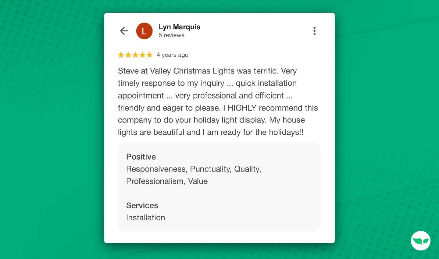Screenshots of a 5-star Google reviews praise Valley Christmas lights for professionalism, speed and high quality holiday installations.