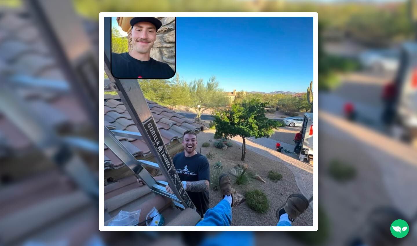 Steve's team partners smile from the ground during a roof installed - he worked to rebuild a long day after a difficult season.