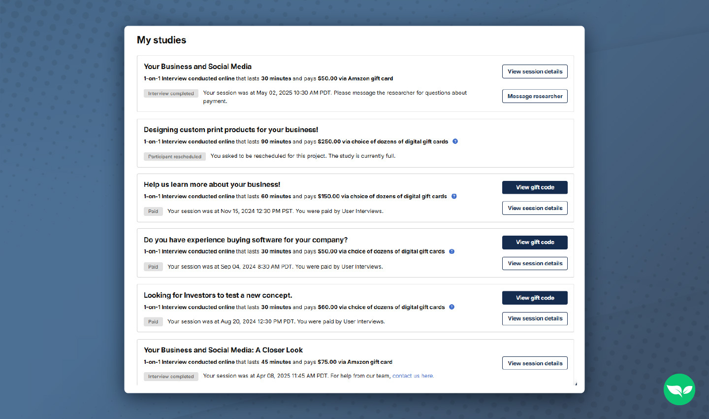 User Interviews dashboard showing multiple completed studies ranging from $50 to $250, including 30- to 90-minute online interviews.