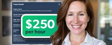 Dr. Annie Cole smiles at her desk with the Respondent dashboard on her screen, showing study invitations and a $250/hour payout overlay.