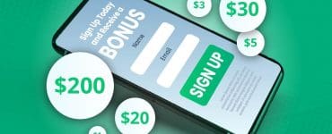 Visual showing a phone screen with a sign-up form and floating bonus amounts ($200, $30, $5), representing apps that offer real sign-up rewards.