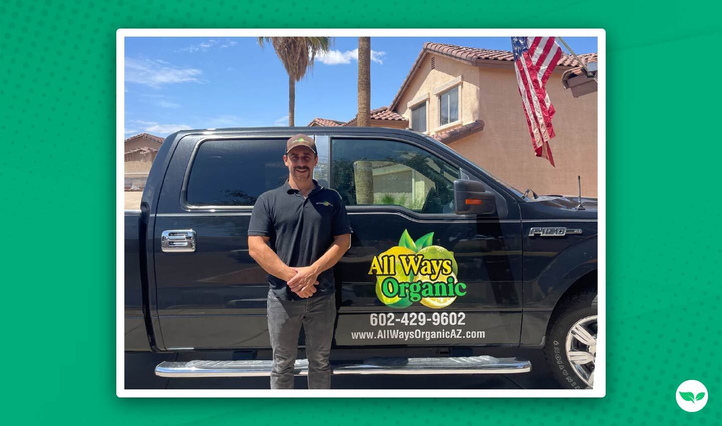 Kyle Stroud standing in front of his black All Ways Organic truck in Phoenix, Arizona.