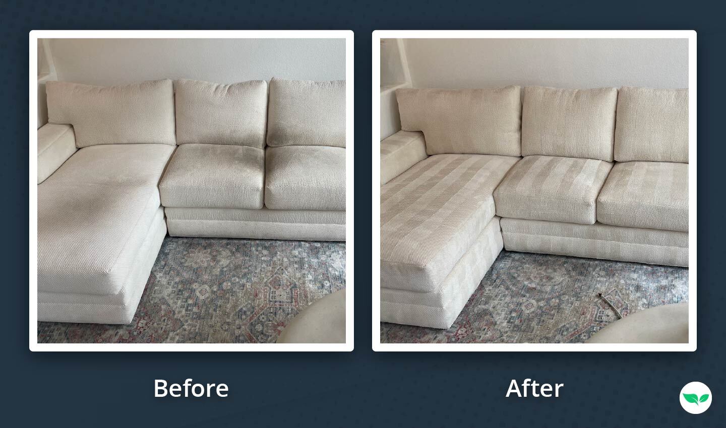 Side-by-side before and after images of a light-colored sectional couch, showing the dramatic results of Kyle Stroud’s first carpet cleaning job.