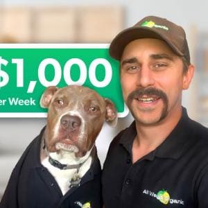 Kyle Stroud, owner of All Ways Organic Phoenix, smiling in uniform beside his dog, both wearing branded polos, with a graphic showing 
