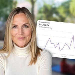 Melody Morton-Buckleair in a cream turtleneck smiling, with a graph overlay showing $24,470 in gross volume from her Pilates studio.