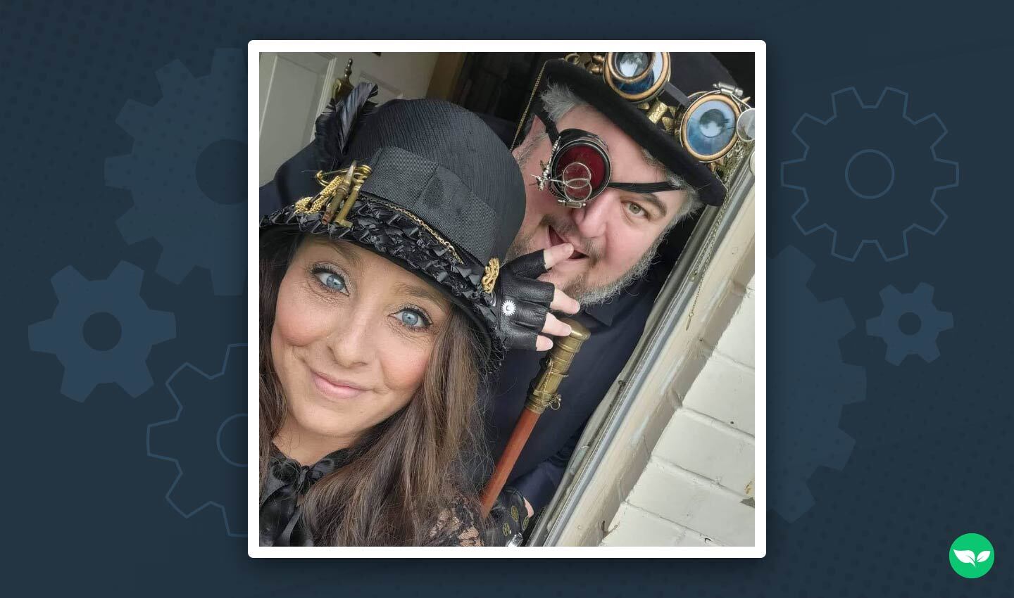 Brian Watkins and his partner dressed in steampunk attire at a themed family wedding.