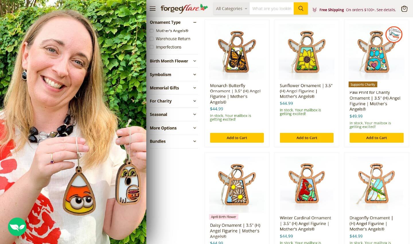 Jennifer Street, owner of Forged Flare, holding two of her handmade ornaments beside a screenshot of her online shop’s product listings.