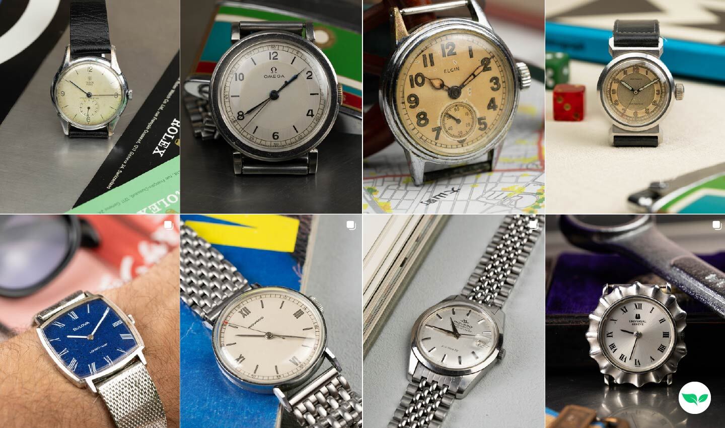Screenshot collage of vintage watch listings posted on Aaron’s Instagram feed.