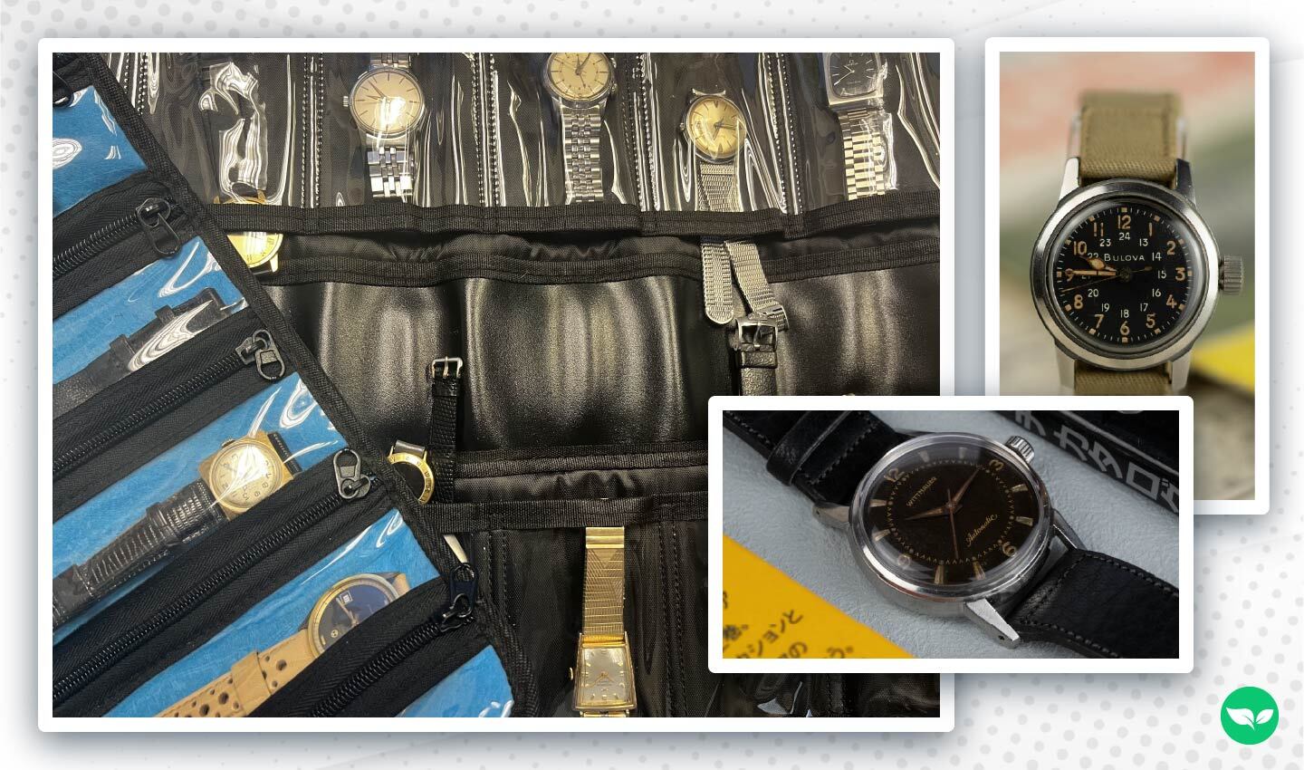 A watch roll filled with multiple vintage watches, packed and organized for transport and storage.