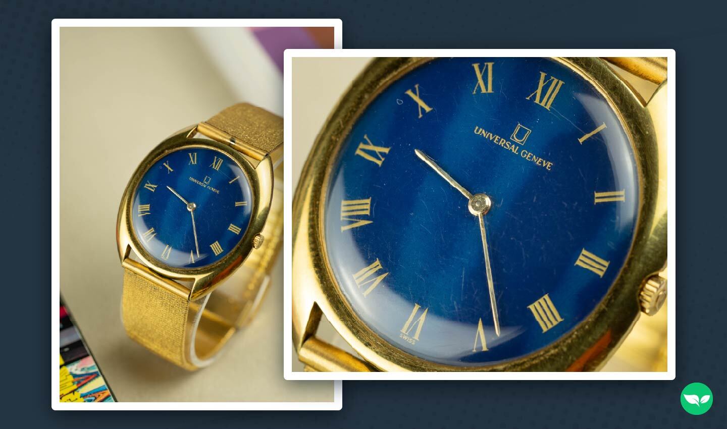 Close-up of a vintage Universal Genève wristwatch with a blue dial and gold case.