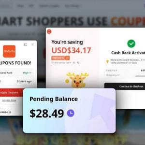 Screenshot collage showing Coupert automatically applying coupon codes and cashback at checkout, alongside a pending balance of $28.49 earned from real online purchases.
