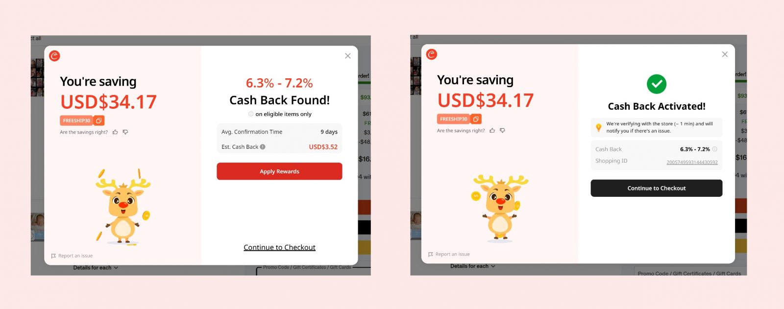 Coupert browser extension popup showing cashback found and activated during checkout, with an estimated 6.3%–7.2% back.