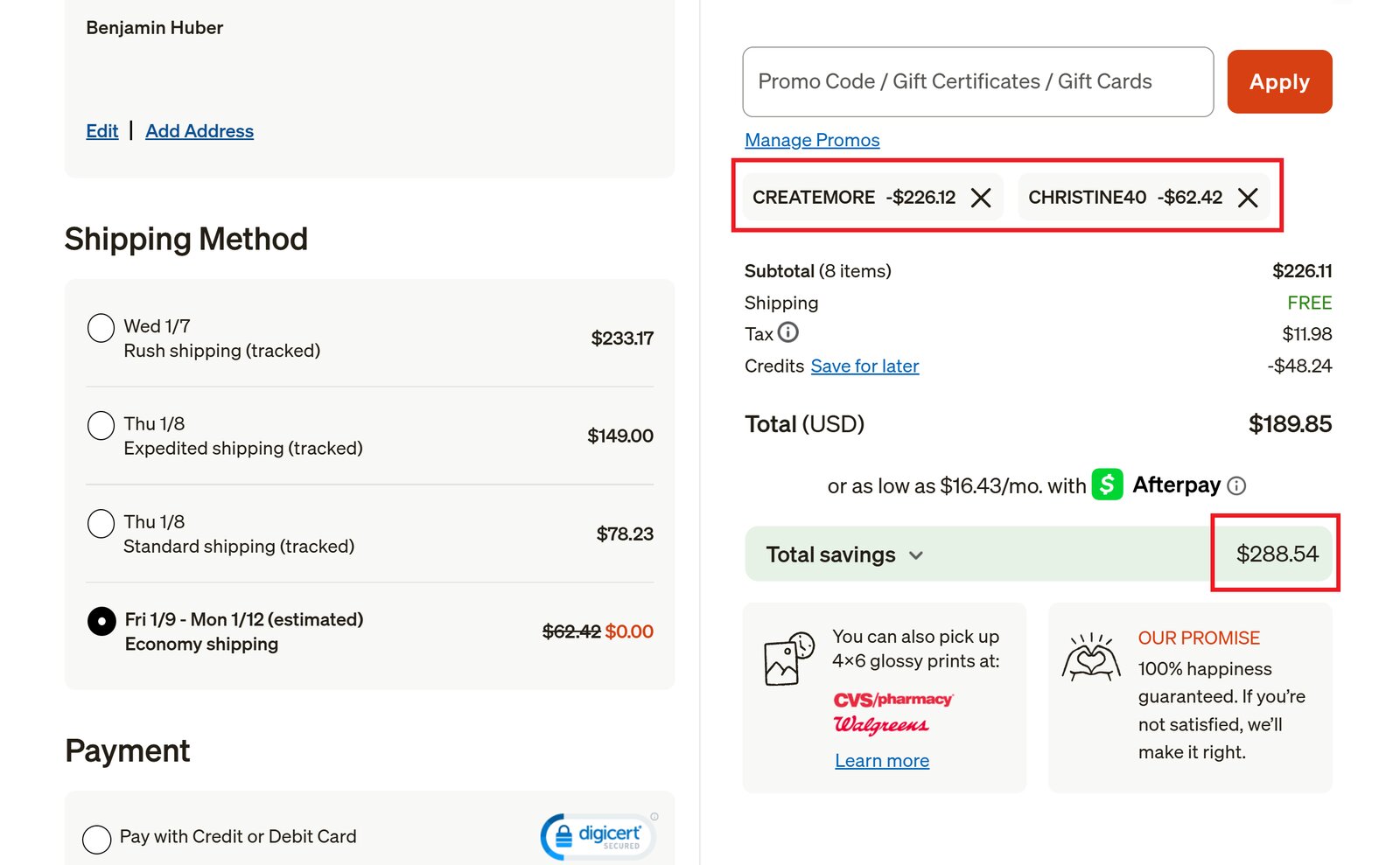 Checkout screen showing Coupert applying multiple promo codes to a Shutterfly order, resulting in over $288 in total savings.