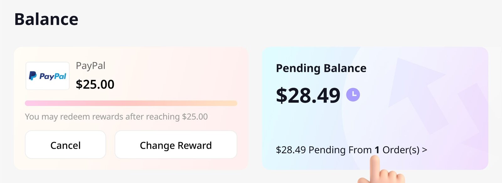 Coupert account balance screen showing a $25 PayPal payout threshold and $28.49 in pending cashback from recent orders.
